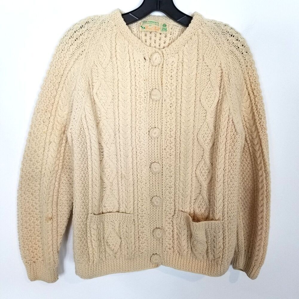 VTG Aran‎ Handknit Cable Knit Fisherman Cardigan Sz S Ivory Cream Button Ireland